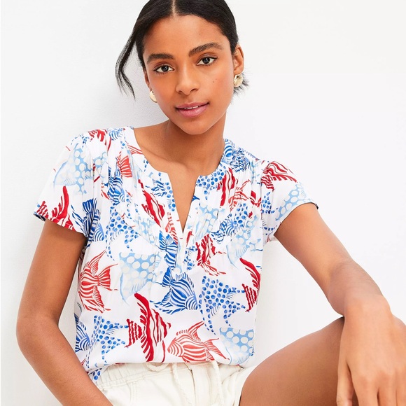 LOFT Tops - LOFT Fish Shirred V-Yoke Mixed Media Top